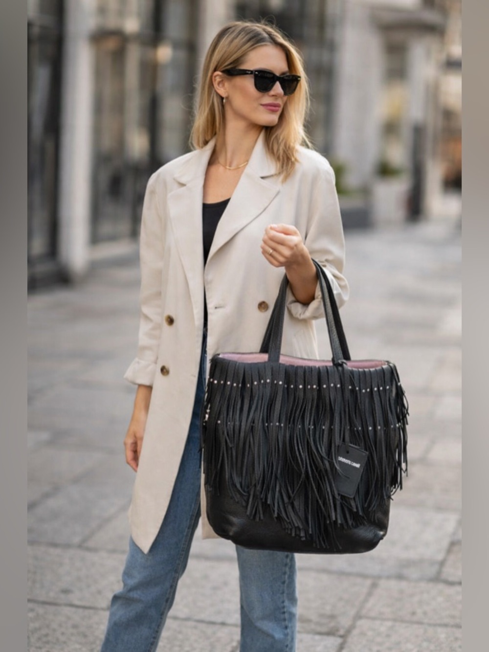 Roberto Cavalli Grained Fringe Tote Handbag